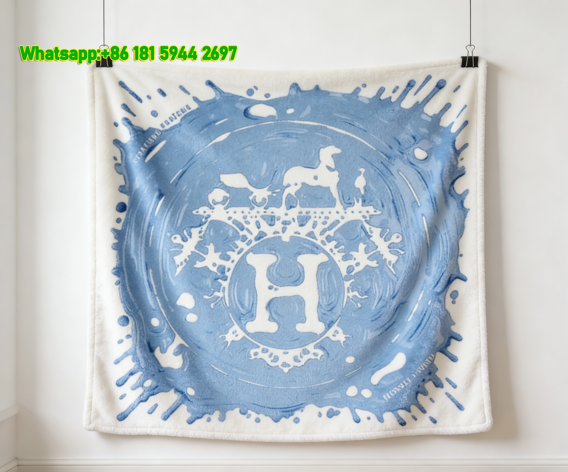 Hermès Light Blue Paint Splash H Logo Flannel Throw Blanket IMG_5393